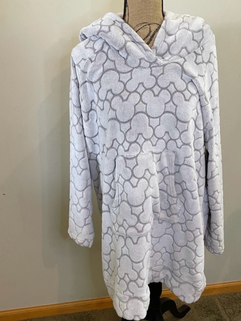 Disney Plush Hooded Pullover Sweatshirt - Light Gray Mickey Pattern